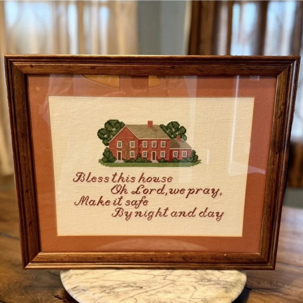 VTG 80s Framed Cross Stitch Needlepoint Bless This House 15x12